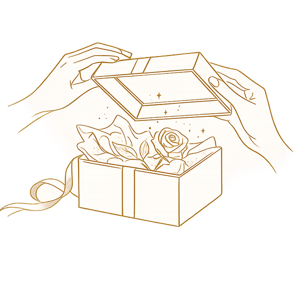 Illustration of hands lifting the lid off a customized gift box to reveal a rose bouquet nestled inside