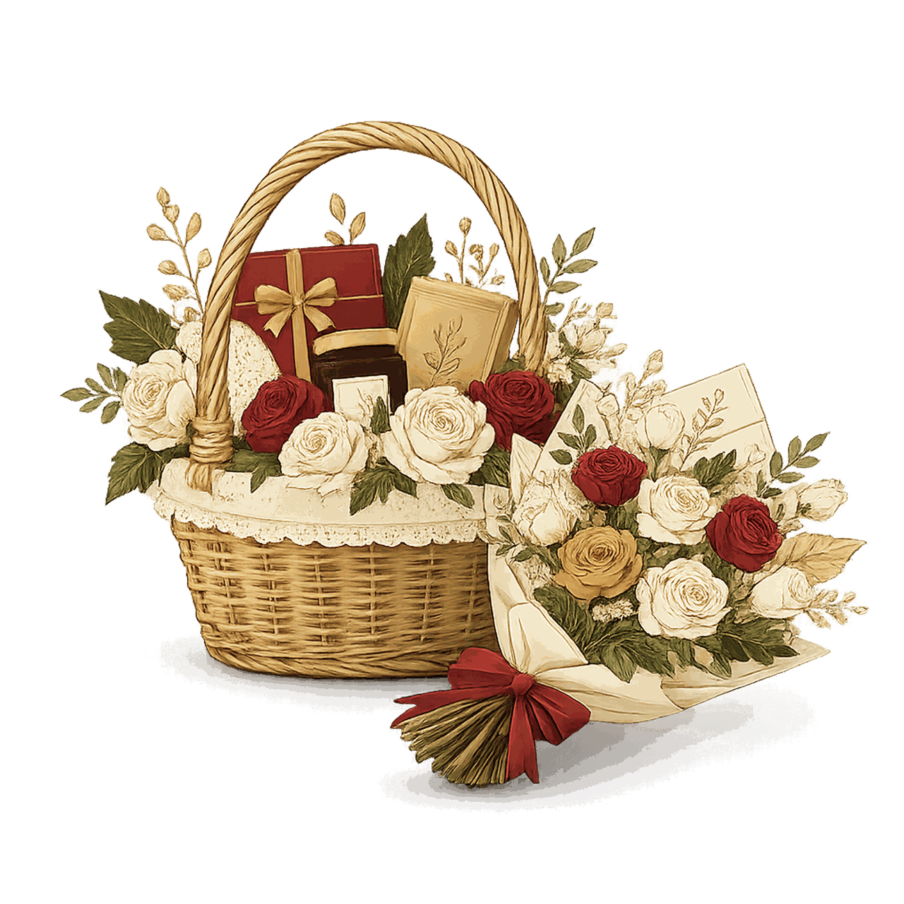 Customized Black Tie & Co. gift hamper with a matching rose bouquet, tied with a red ribbon — Kottayam, Kerala